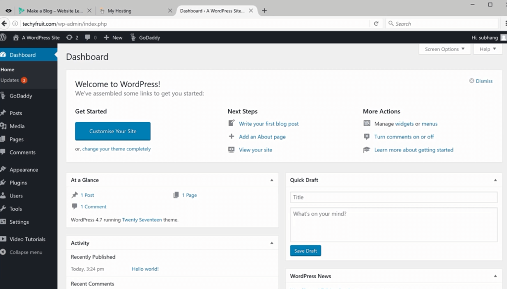 WordPress dashboard