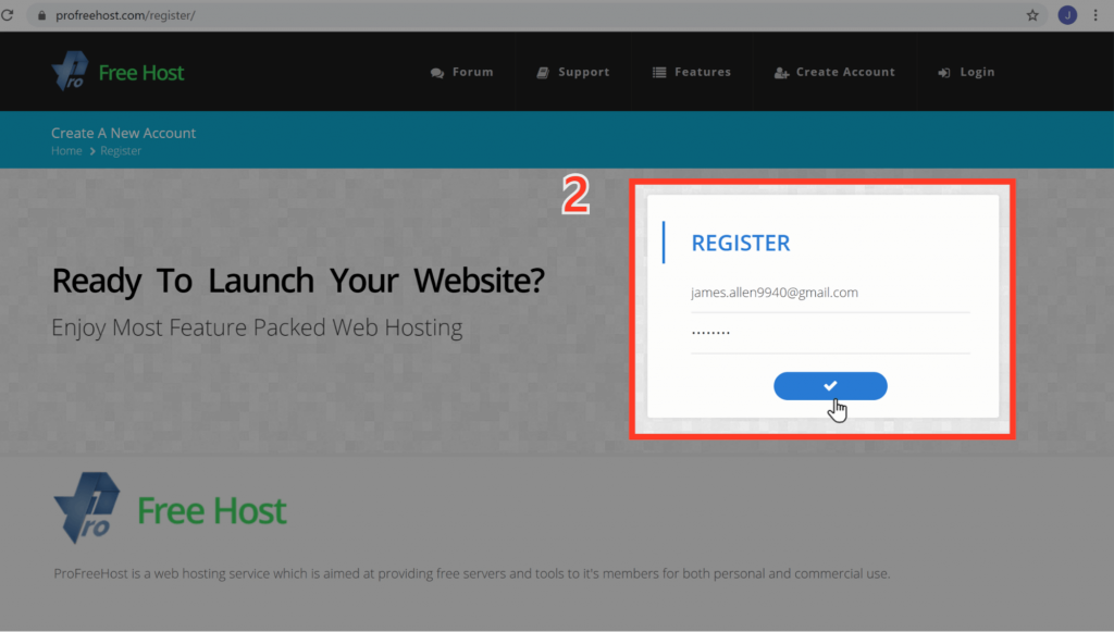 Enter the details to register with profreehost