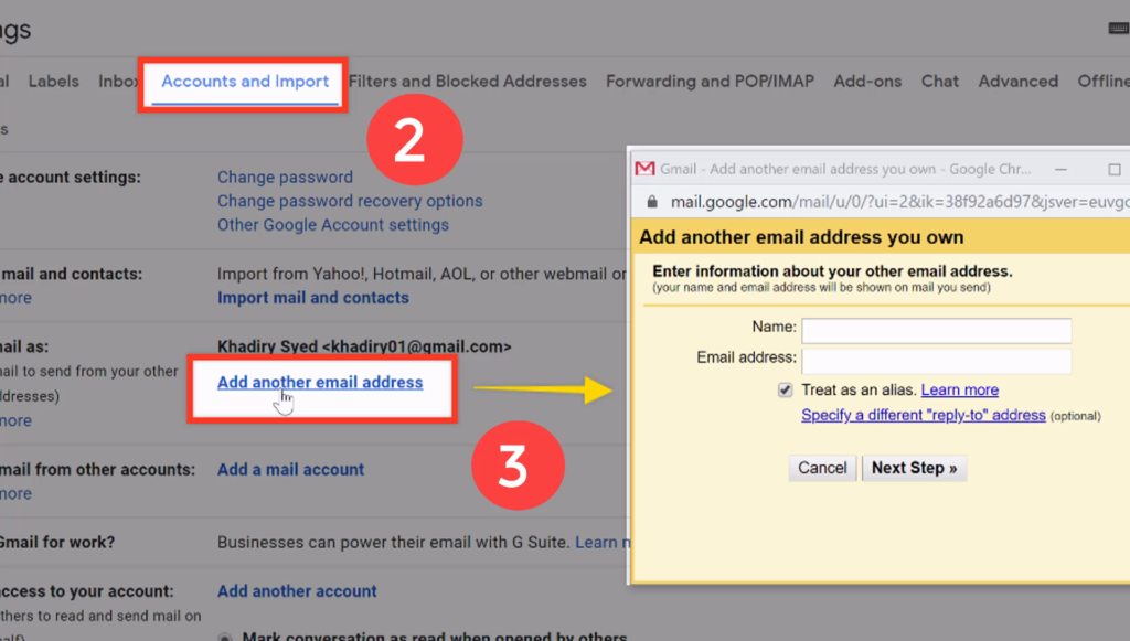 add another email address in accounts and import