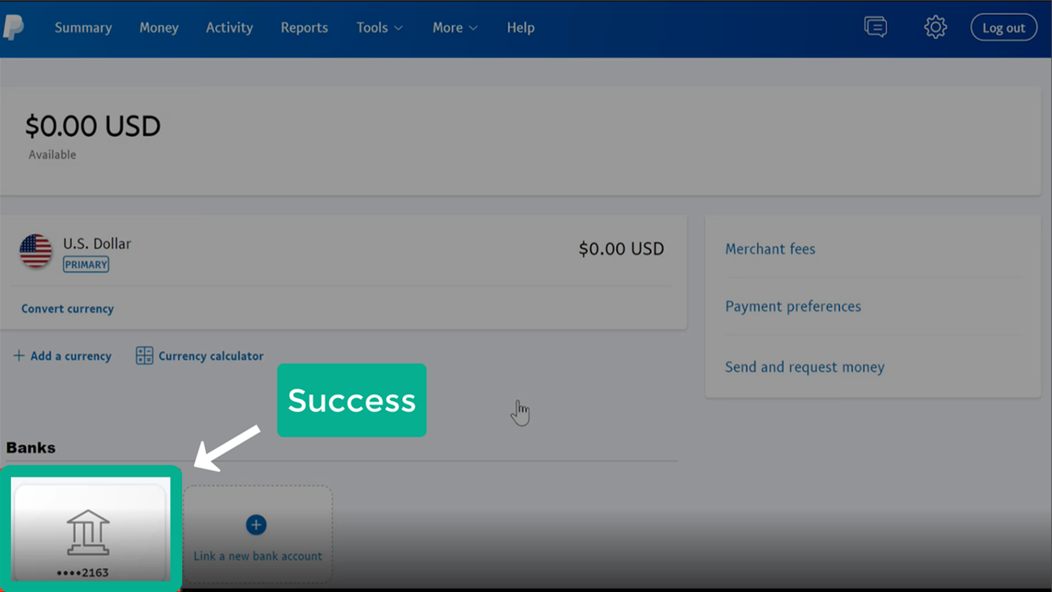bank account successfully linked to paypal
