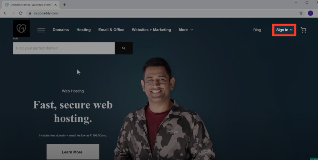 open godaddy and click sign in