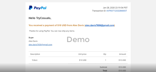 demo paypal receipt
