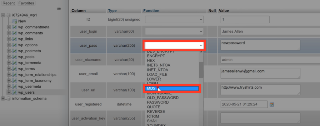 select MD5 from the function dropdown