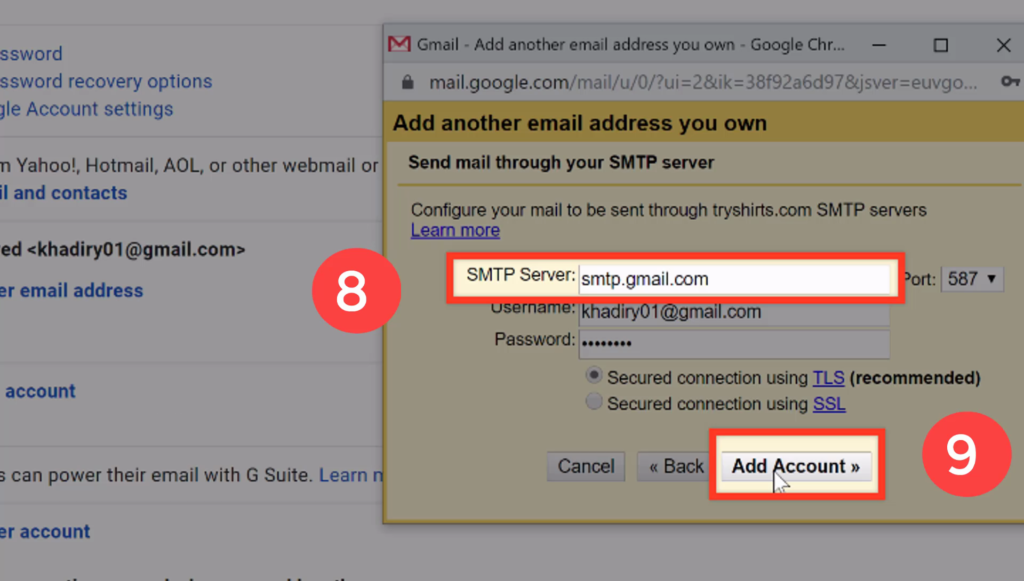 configure gmail smtp server and click add account