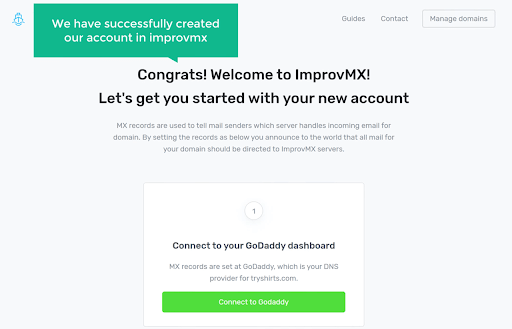 successfully created account in improvmx