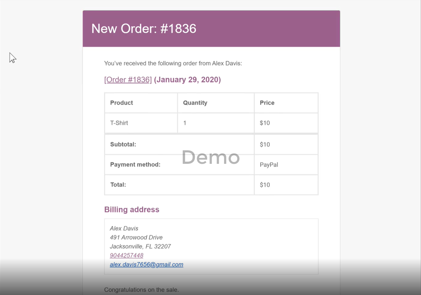 demo woocommerce order