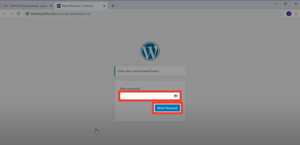 enter your new password and click reset password