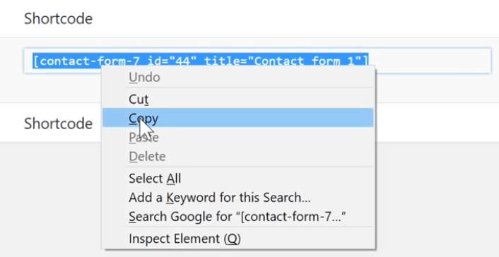 copy the shortcode of the contact form