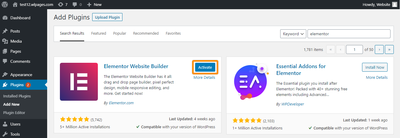 Activate Elementor plugin