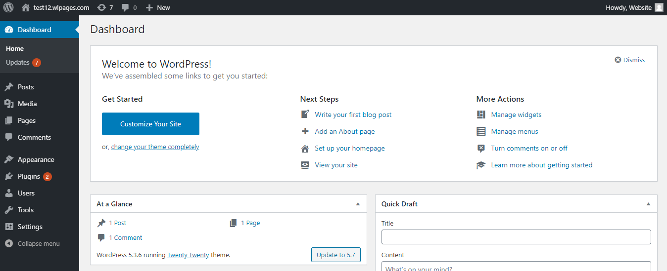 Wordpress dashboard