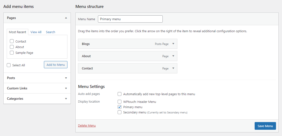 Menu items and structure