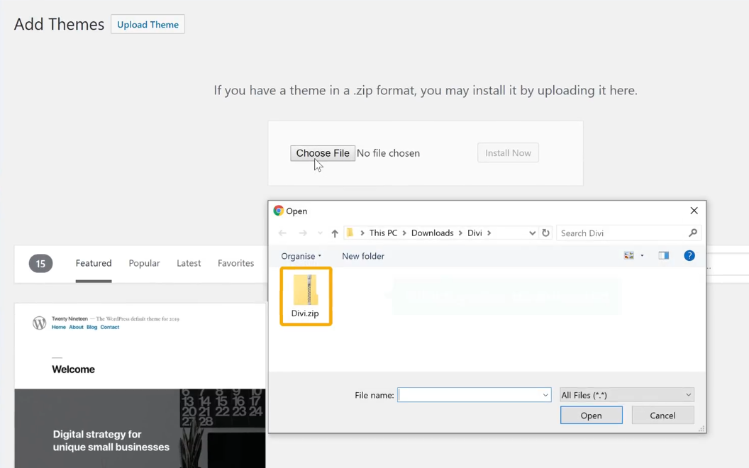 Choose theme file to upload