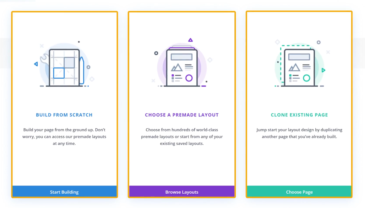 Three options to create a page using Divi builder