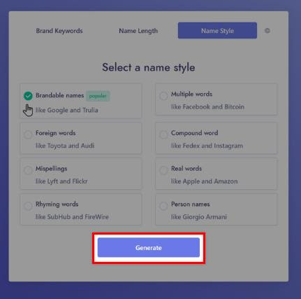 Choose a brand name style and click 'generate'.