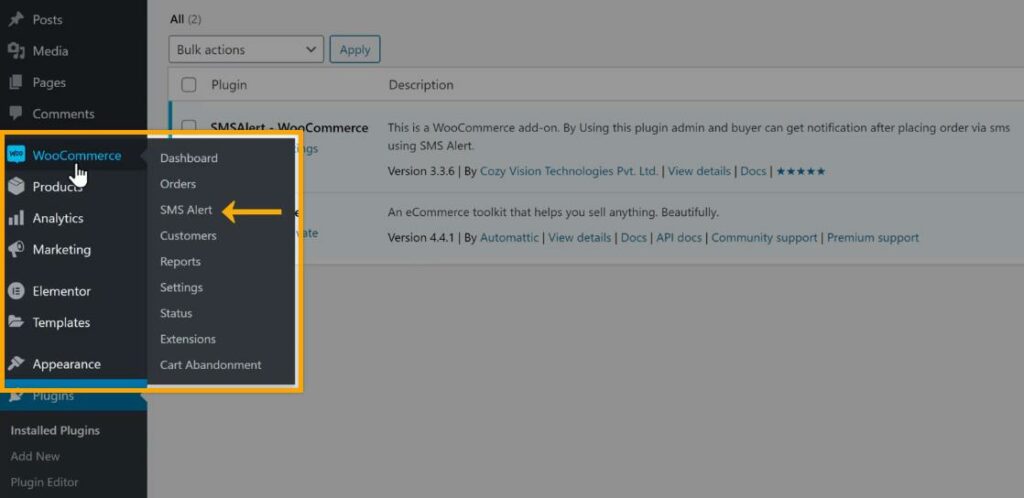 Go to WooCommerce and select SMS Alert