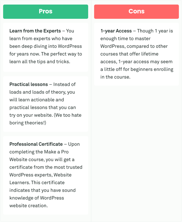 Pros and Cons for Make a Pro Website Course