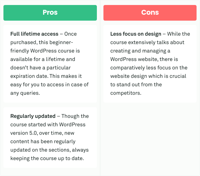 Pros and Cons for Master WordPress Quickly Course