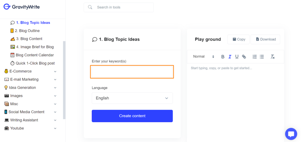 Enter keywords in Blog topic ideas